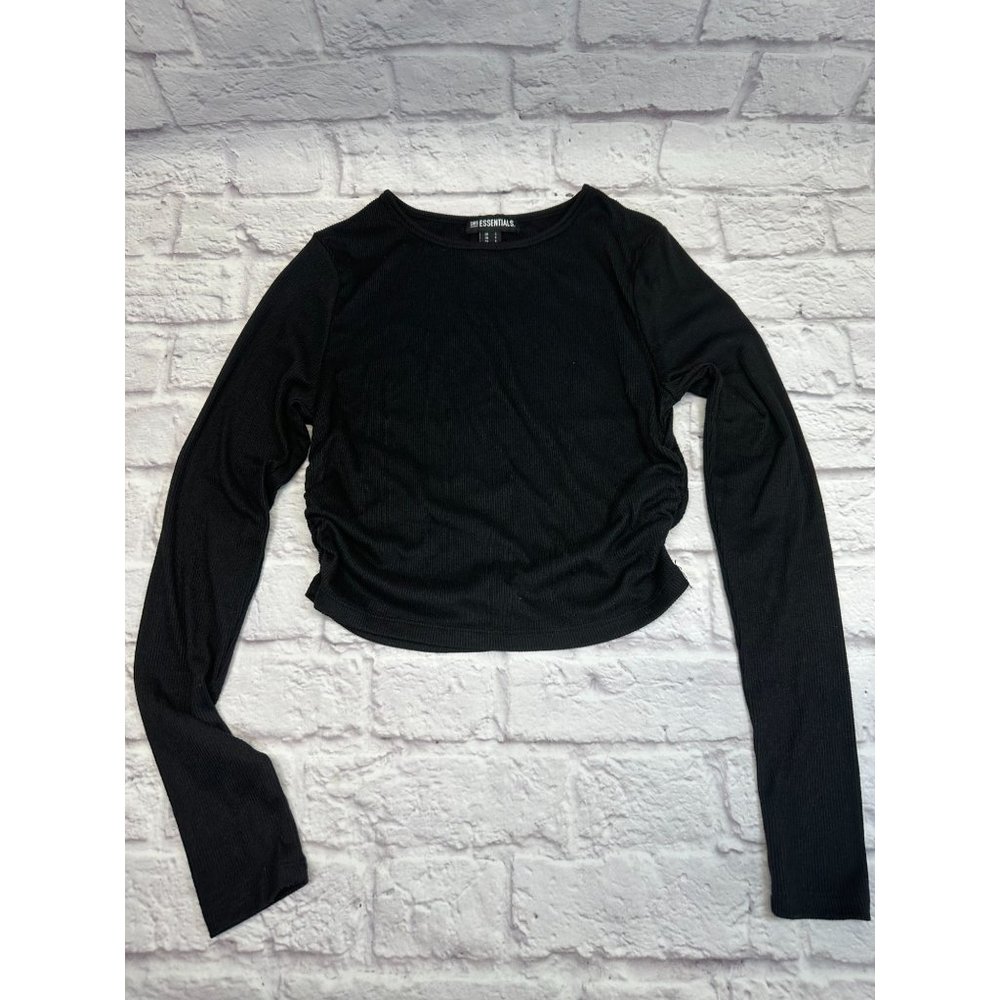 SWS Essentials Ribbed Ruched Long Sleeve Crop Top Black Size Small